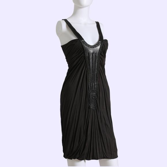 YIGAL AZROUËL Black Grey Knee-Length Dress with Leather Embellished Front - Picture 1 of 11